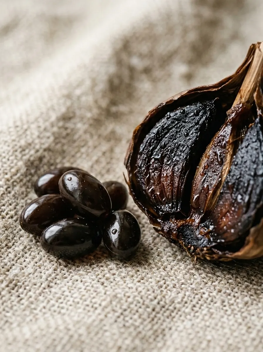 Bulbo de alho negro fermentado em corte, com as cápsulas ao lado